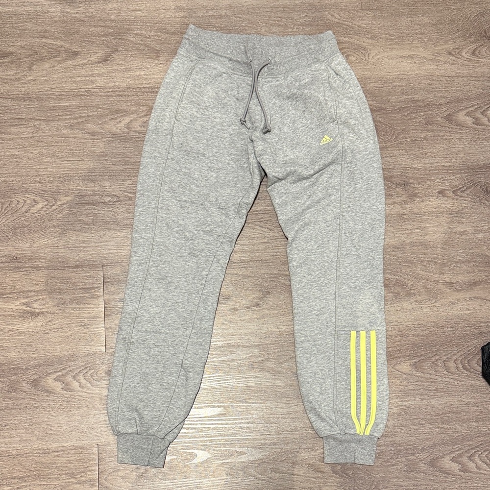 Adidas Women's Gray Joggers with Yellow Stripes